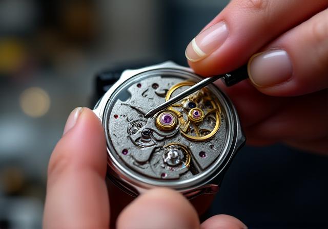 Een horlogemaker werkt aan de minutieuze onderdelen van een mechanisch uurwerk